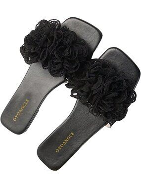 Women's 3D Floral Flat Sandals Black Square Open Toe PU Leather Slip on Slides